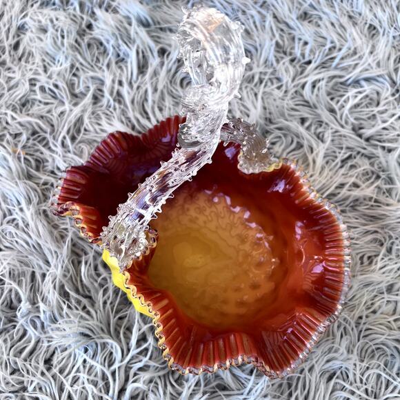 VTG Diamond Quilted Glass Basket Opaque Yellow Orange Twisted Thorn Handle - Picture 10 of 12